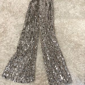 ZARA Silver Sequin and Nude flare pants